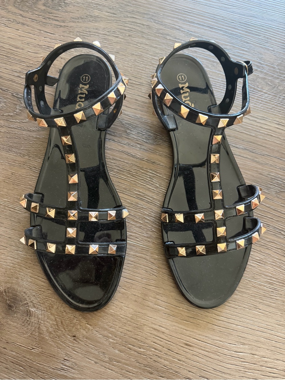 Mudd Black Jelly Studded Sandals with Gold Studs 11